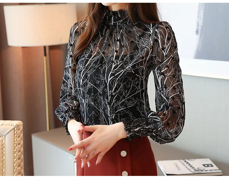 Korean Style Floral Chiffon Blouse - Women's Long Sleeve Stand Collar Shirt