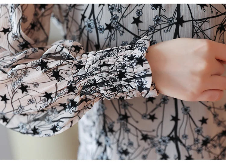 Korean Style Floral Chiffon Blouse - Women's Long Sleeve Stand Collar Shirt