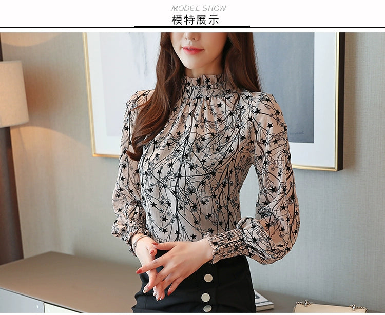 Korean Style Floral Chiffon Blouse - Women's Long Sleeve Stand Collar Shirt