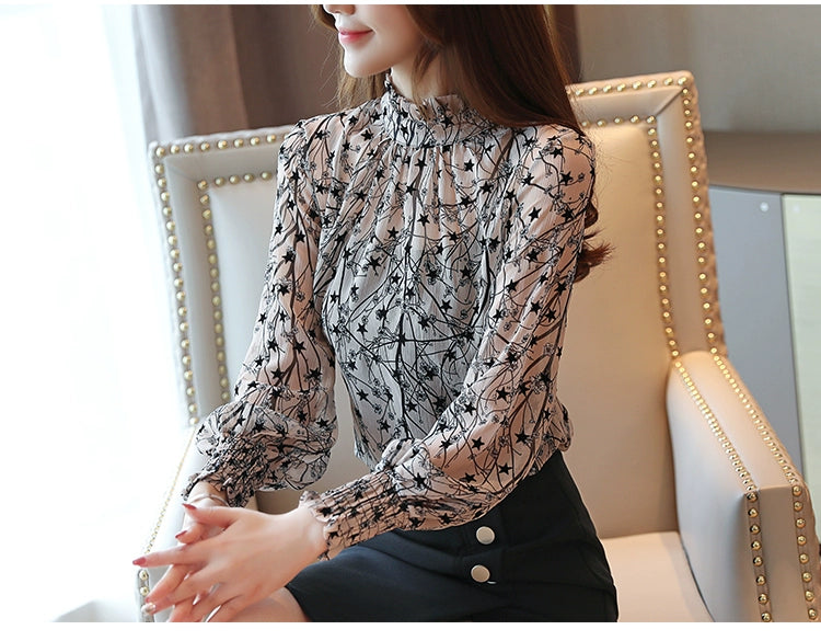 Korean Style Floral Chiffon Blouse - Women's Long Sleeve Stand Collar Shirt
