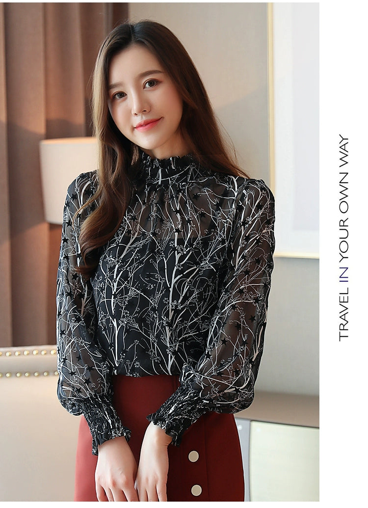 Korean Style Floral Chiffon Blouse - Women's Long Sleeve Stand Collar Shirt