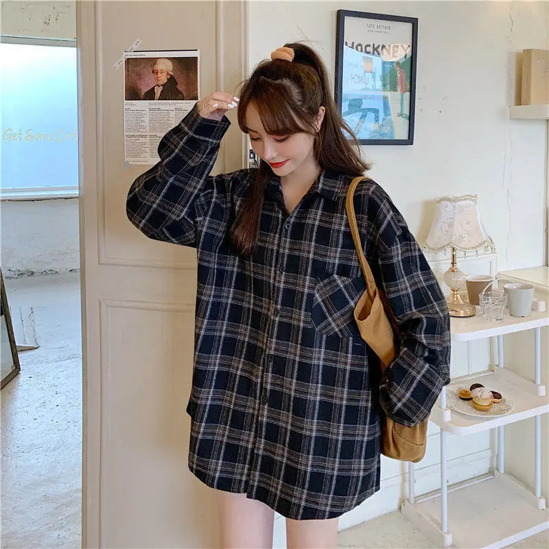 Korean Style Oversized Plaid Shirt - Women's Long Sleeve Button Up Blouse