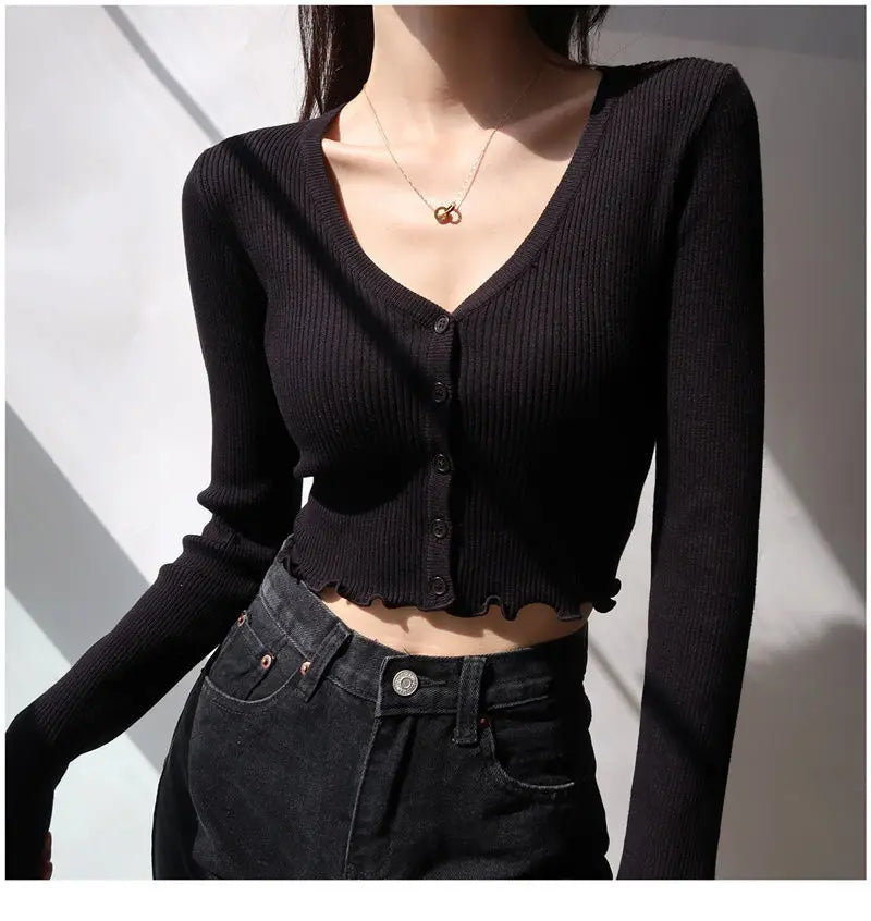 Korean Style Cropped Knit Cardigan - V-Neck Ruffle Hem
