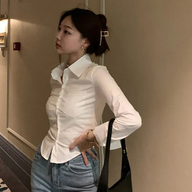 Korean Style Women's Slim Fit Cropped Blouse - Elegant Y2K Streetwear Shirt
