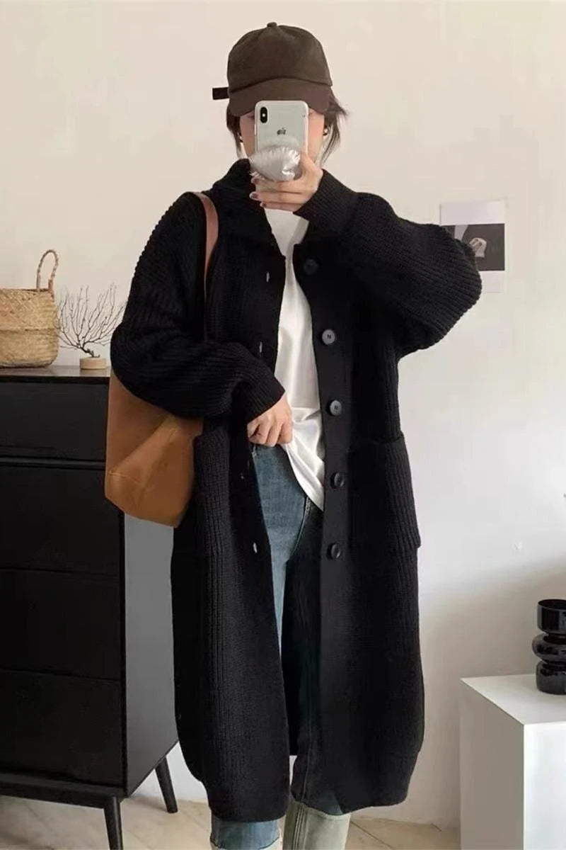 Korean Style Long Cardigan with High Collar - Women's Knit Sweater