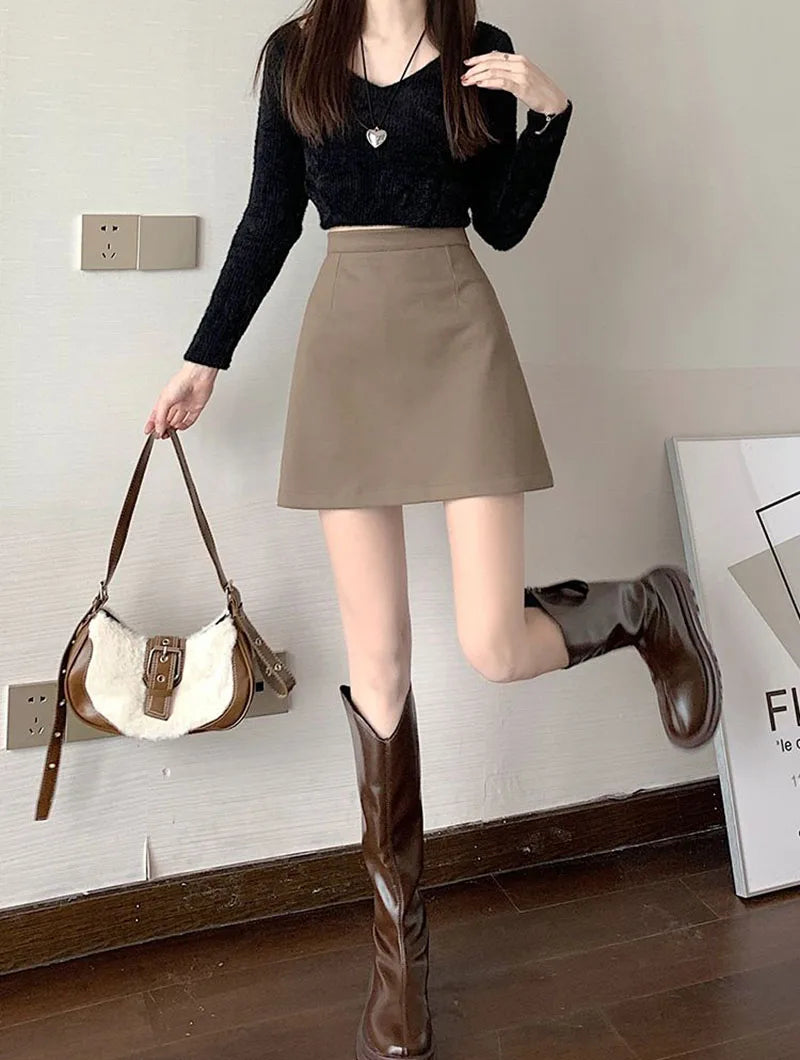 Korean Style High Waist Woolen Mini Skirt - A-Line Bodycon Skirt with Zipper