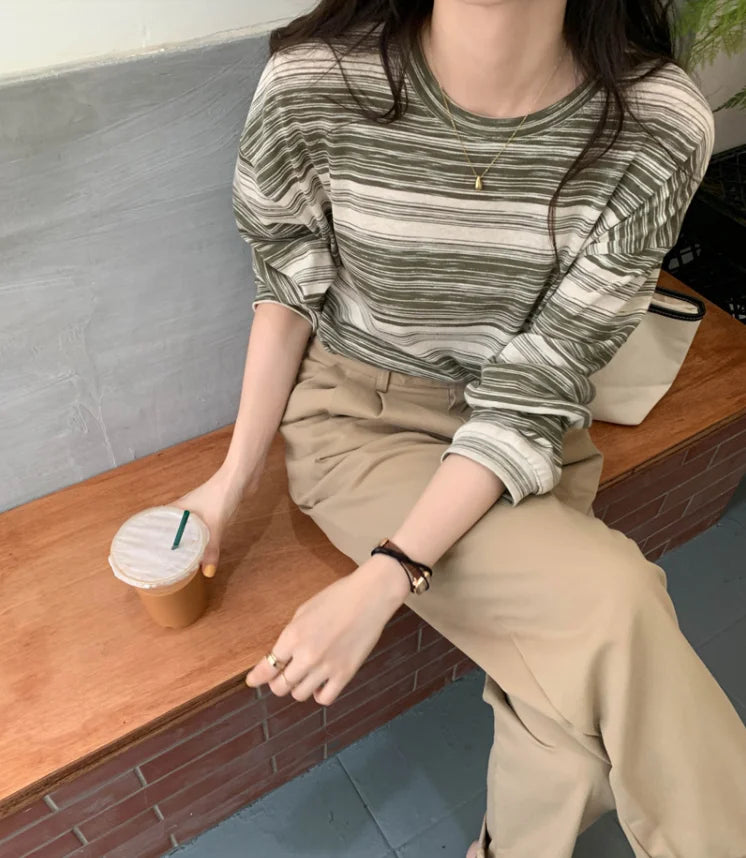 Korean Style Vintage Striped Long Sleeve T-Shirt - Women's Loose Fit Top
