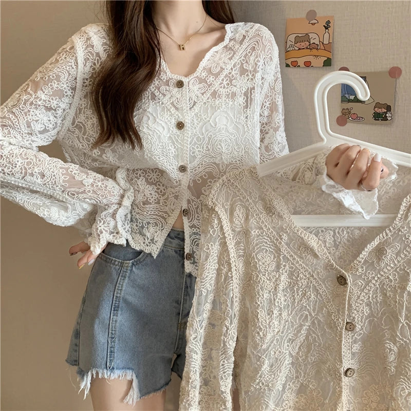 Korean Style Lace Blouse - Sheer Long Sleeve Summer Top