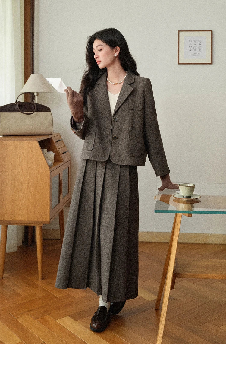 Korean Style Pleated Wool Skirt - Elegant High-Waist A-Line Midi Skirt for Women