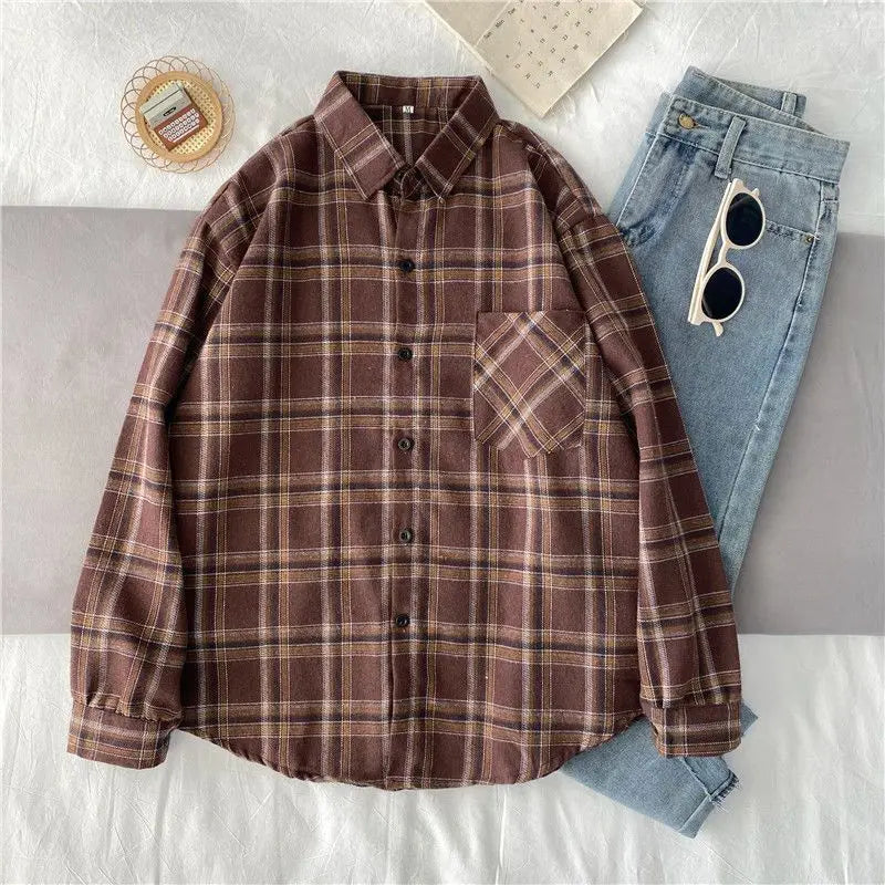 Korean Style Oversized Plaid Shirt - Women's Long Sleeve Button Up Blouse