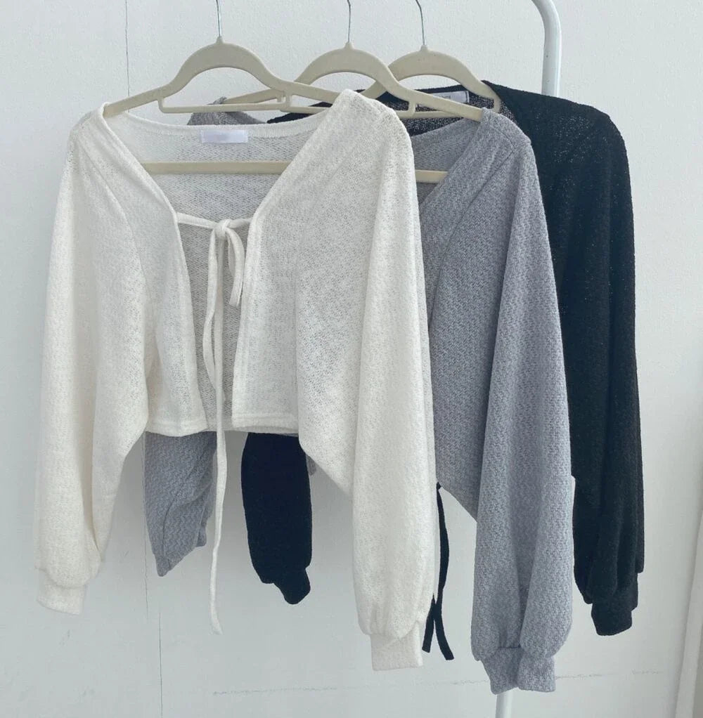 Korean Style White Cardigan - Women's Summer Lightweight Lace-Up Knitwear