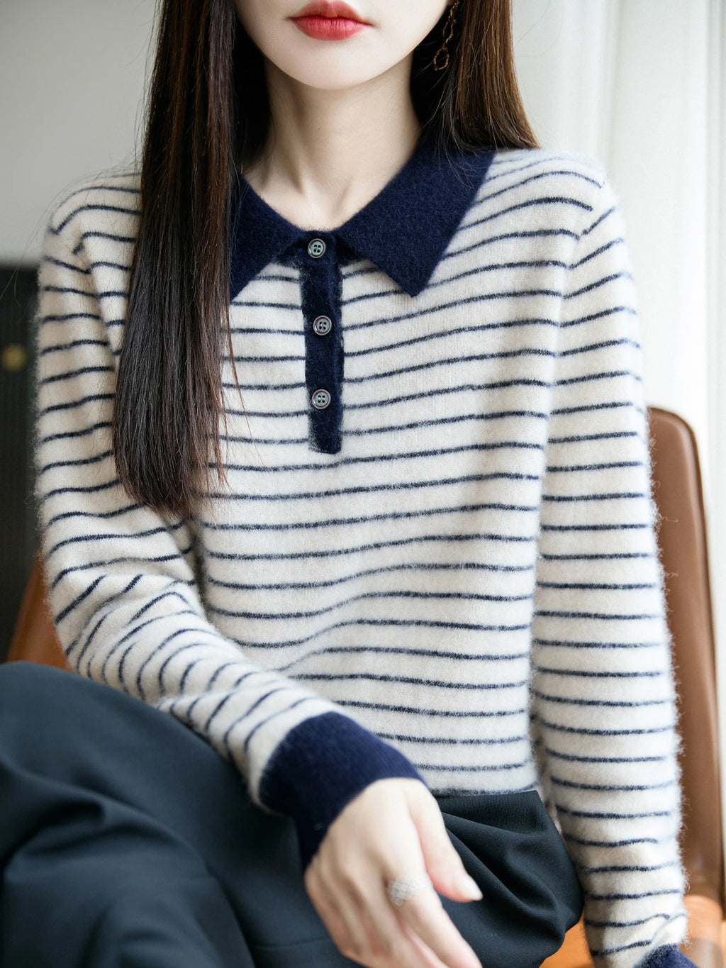 Korean Style Wool Polo Neck Jumper - Striped Knit Pullover for Women