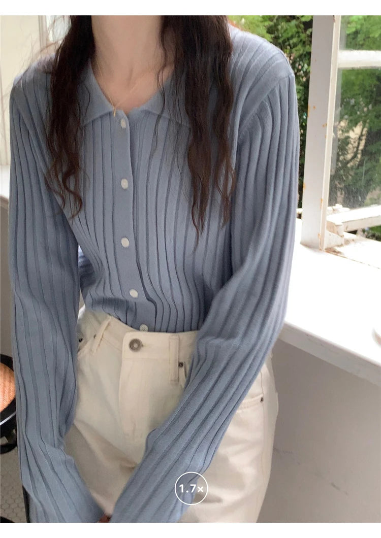 Korean Style Polo Collar Knit Cardigan - Women's Elegant Layering Sweater