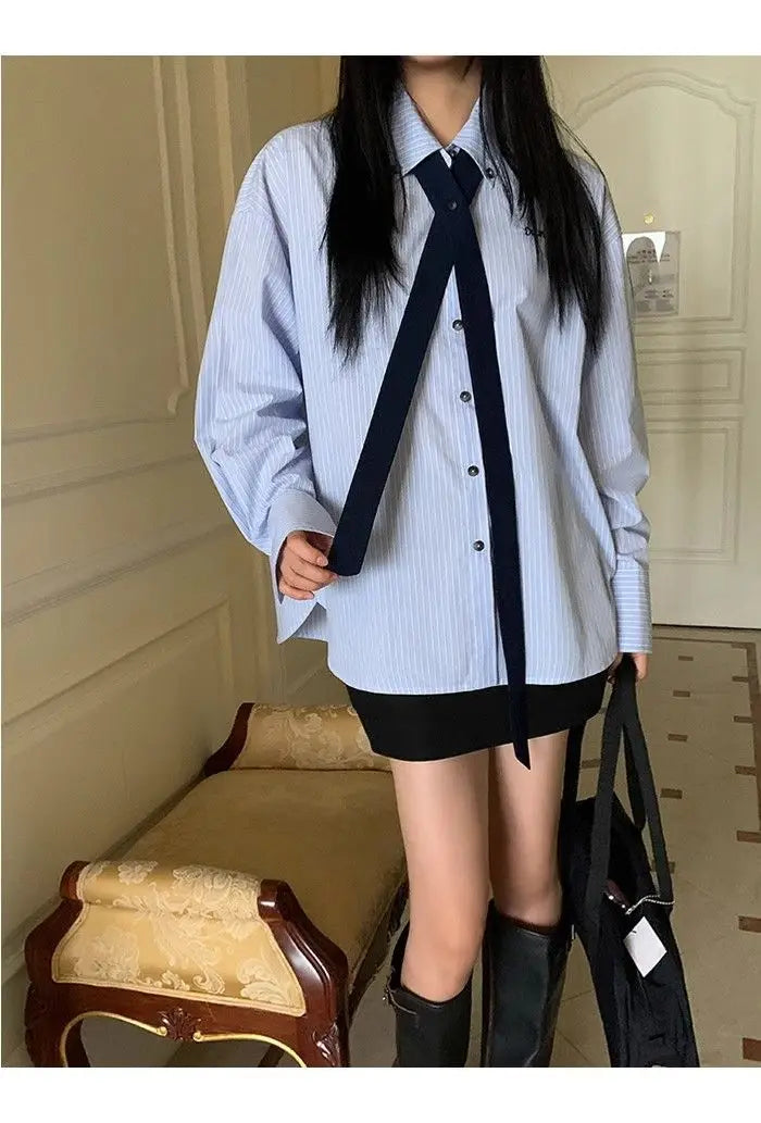 Korean Style Blue Striped Shirt - Women's Embroidered Long Sleeve Blouse