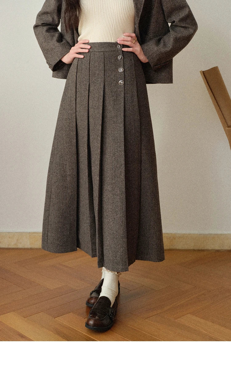 Korean Style Pleated Wool Skirt - Elegant High-Waist A-Line Midi Skirt for Women