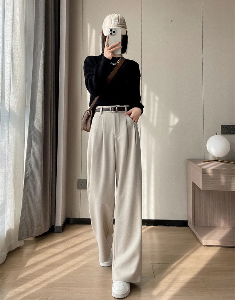 MEXZT Woolen Wide Leg Pants Women Streetwear Belt Fleece Baggy Black Suit Pants Winter Korean Fashion Casual Straight Trousers