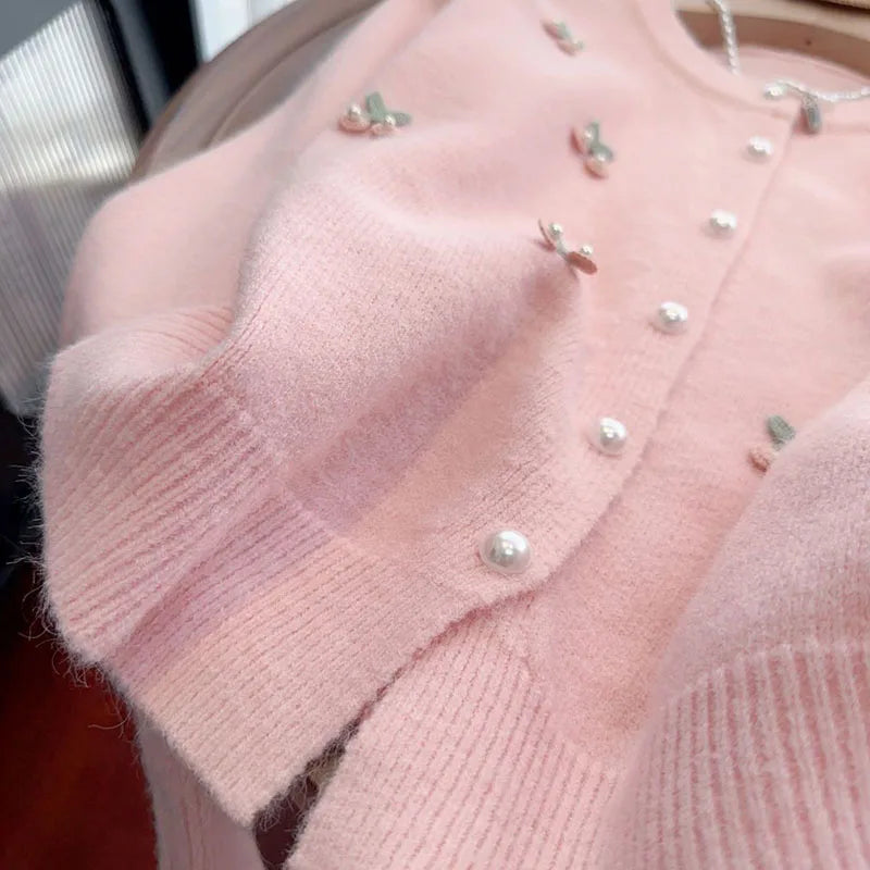 Korean Style Pearl Embellished Cardigan - Women's Knit Sweater