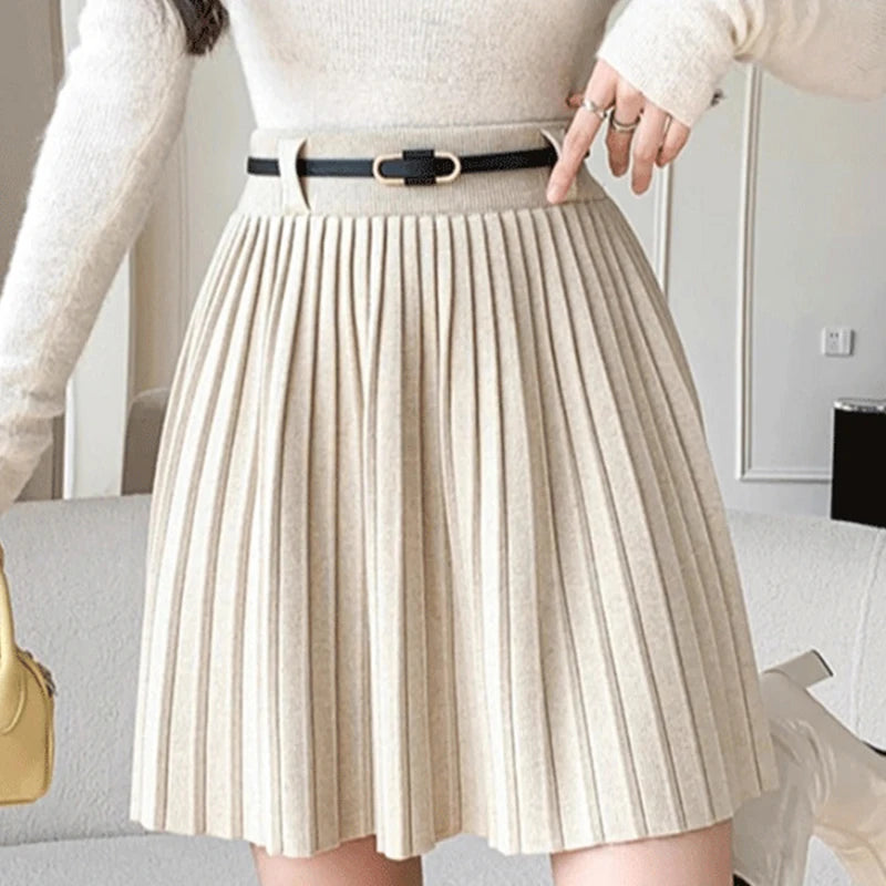 Korean Style High-Waisted A-Line Mini Skirt - Women's Knitted Pleated Skirt