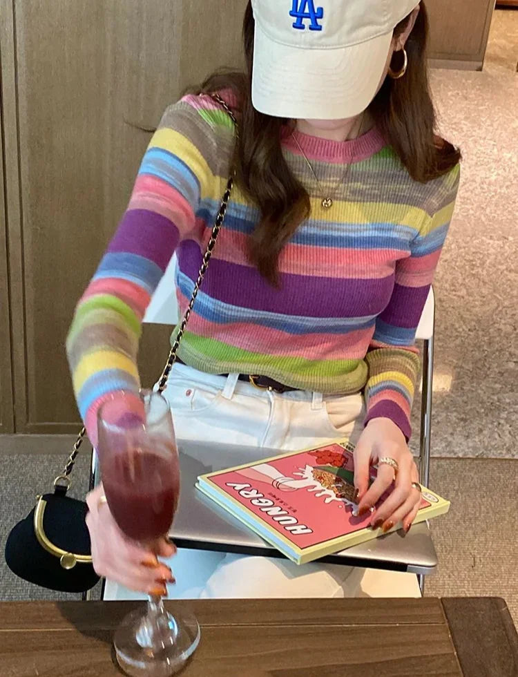 Korean Style Striped Long Sleeve Top - Women's Slim Fit T-Shirt