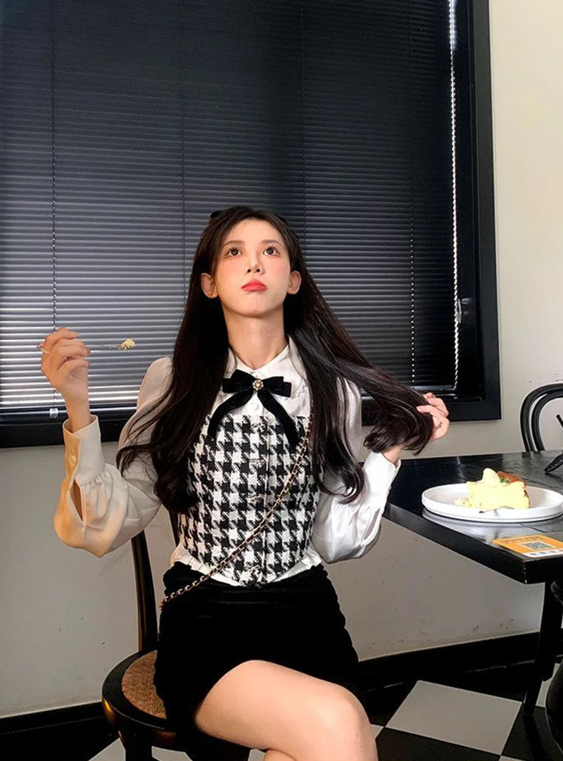 Korean Style White Lace Blouse - Elegant Peter Pan Collar Shirt with Bow Detail