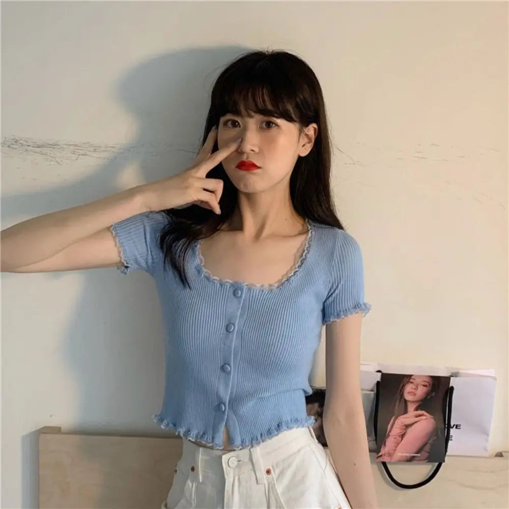 Korean Style Lace Knit Cardigan - Women's Slim Fit Button-Up Top