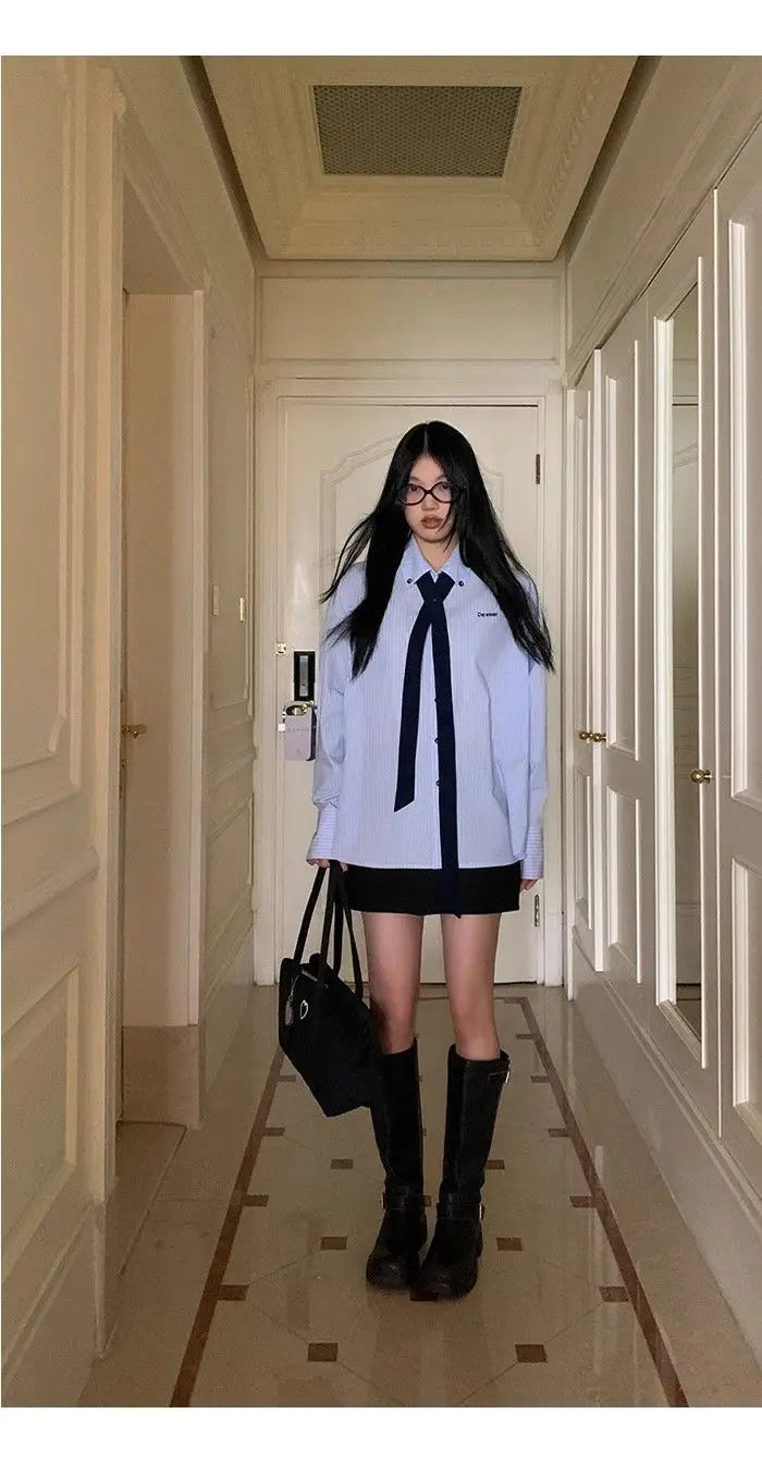 Korean Style Blue Striped Shirt - Women's Embroidered Long Sleeve Blouse