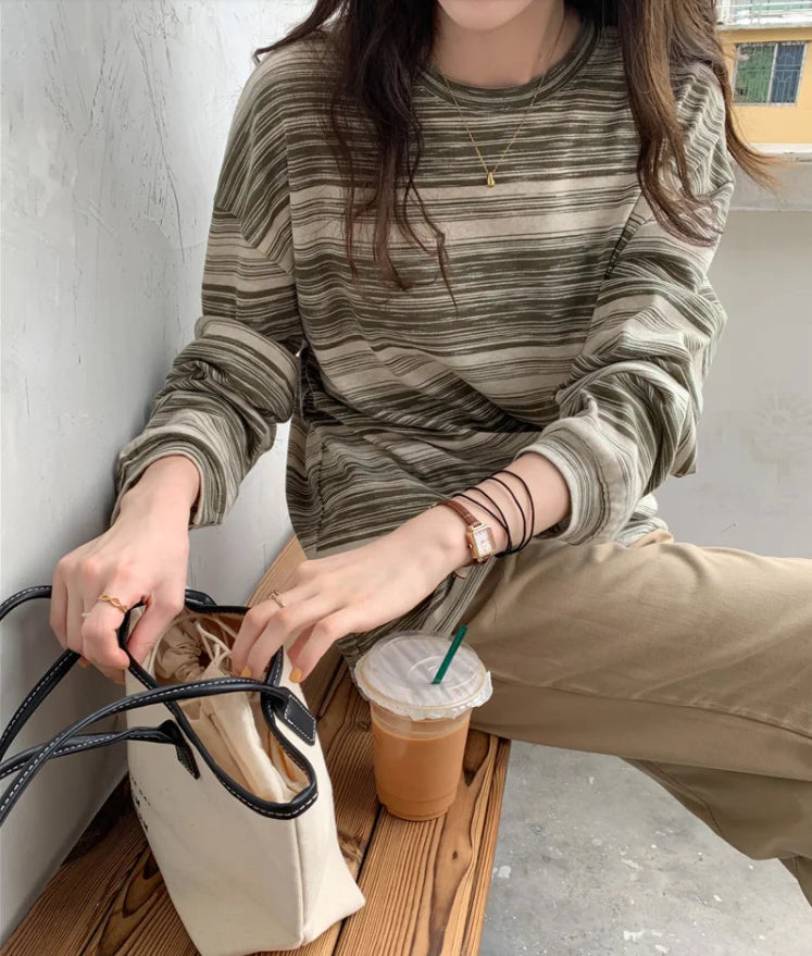 Korean Style Vintage Striped Long Sleeve T-Shirt - Women's Loose Fit Top