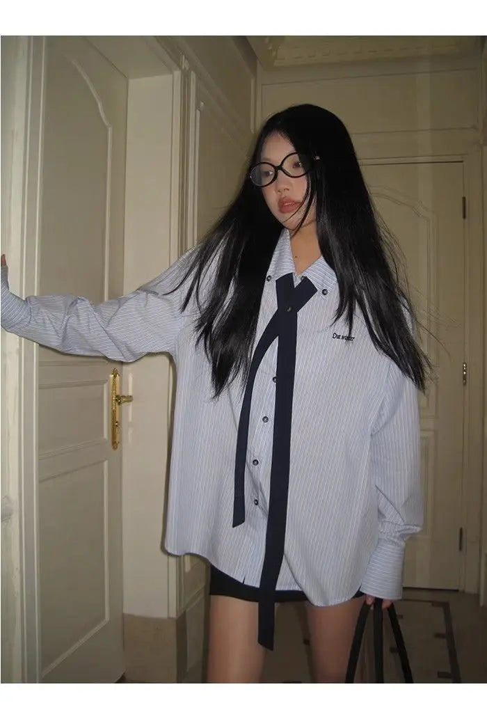 Korean Style Blue Striped Shirt - Women's Embroidered Long Sleeve Blouse