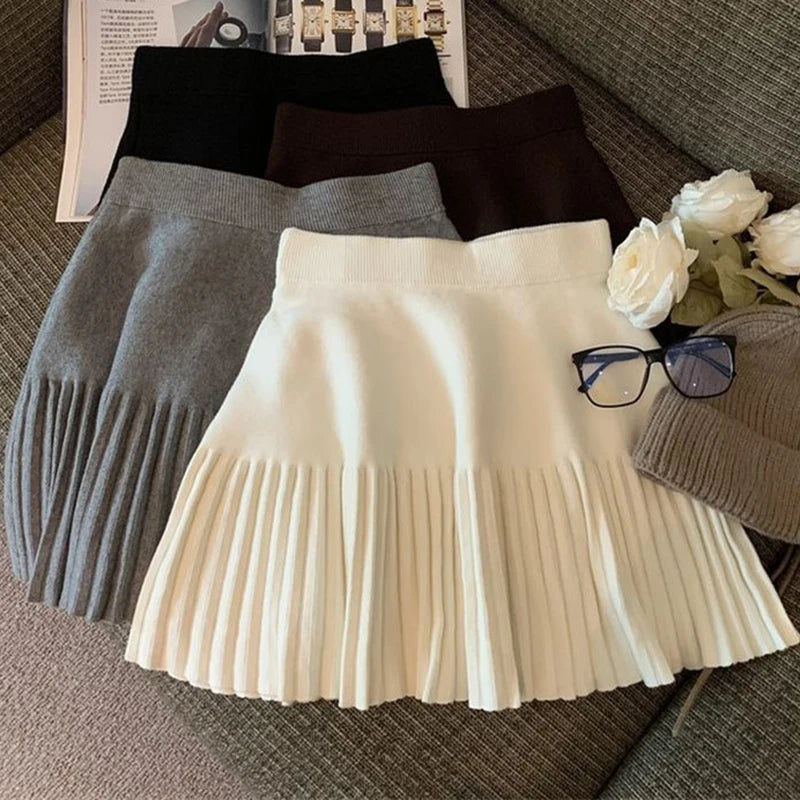 Korean Style Pleated Knit Mini Skirt - High Waist A-Line Skirt for Women