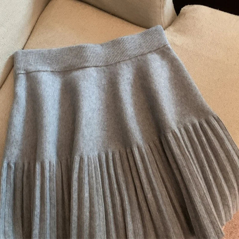 Korean Style Pleated Knit Mini Skirt - High Waist A-Line Skirt for Women