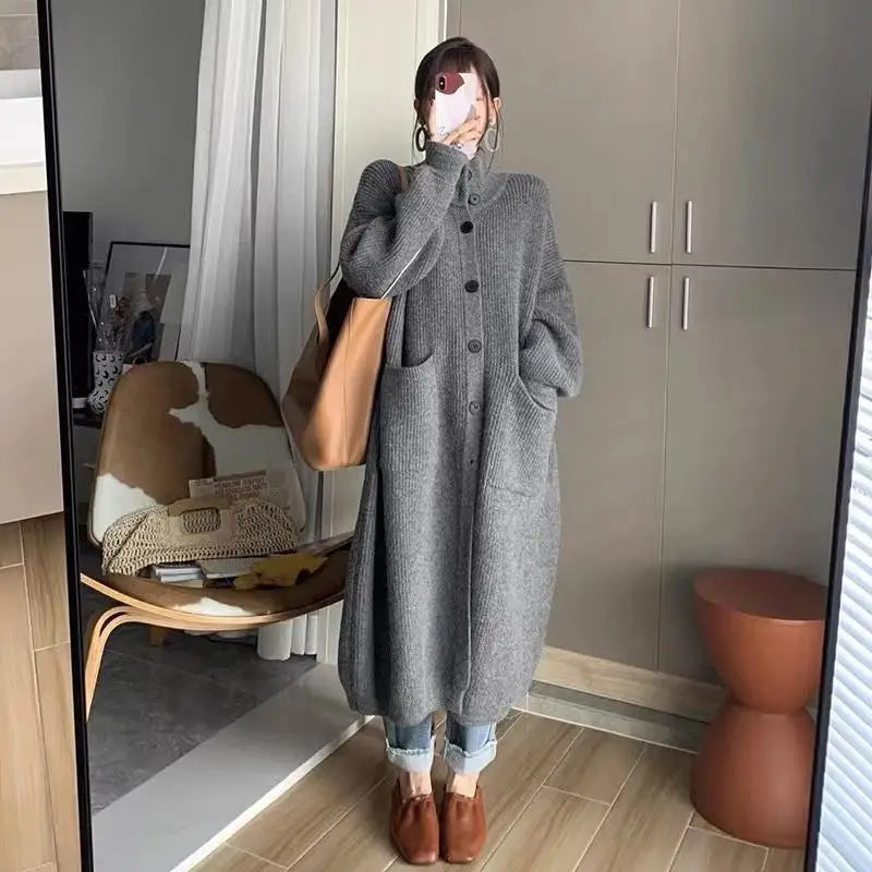 Korean Style Long Cardigan with High Collar - Women's Knit Sweater