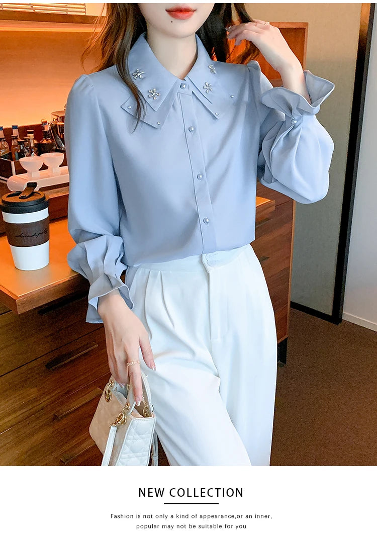 Korean Style Chiffon Blouse - Elegant Long Sleeve White Shirt for Women