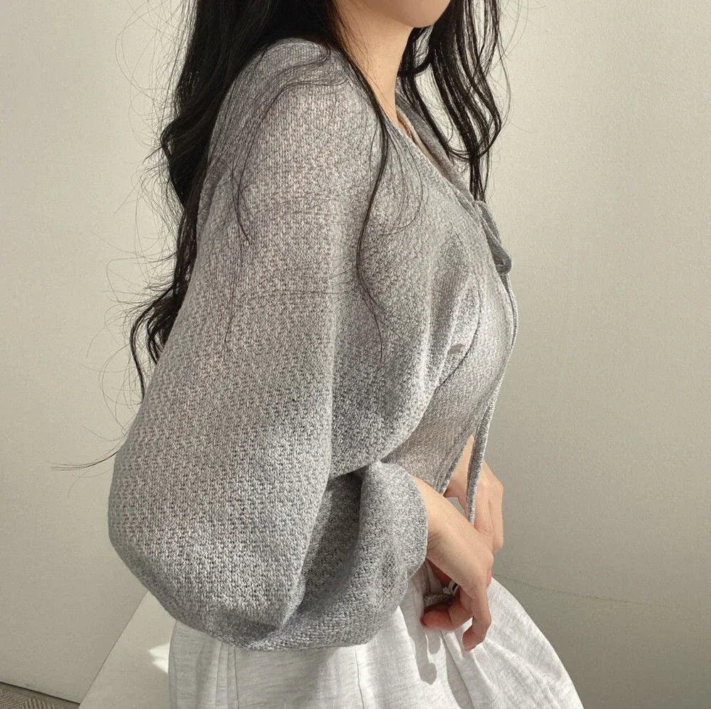 Korean Style White Cardigan - Women's Summer Lightweight Lace-Up Knitwear