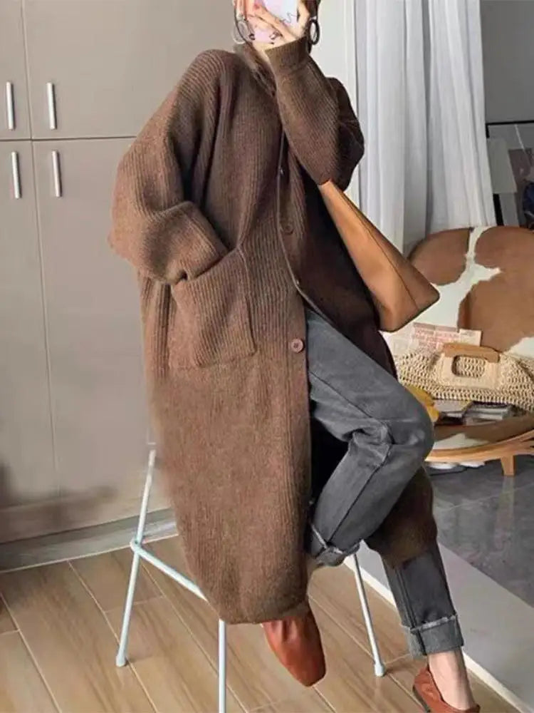 Korean Style Long Cardigan with High Collar - Women's Knit Sweater