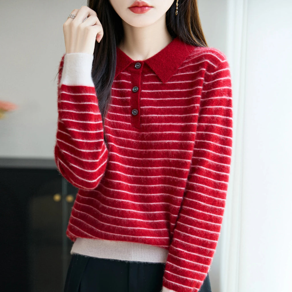 Korean Style Wool Polo Neck Jumper - Striped Knit Pullover for Women