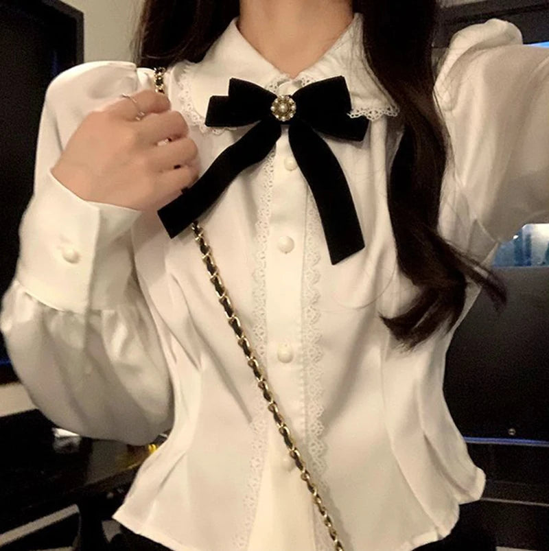 Korean Style White Lace Blouse - Elegant Peter Pan Collar Shirt with Bow Detail