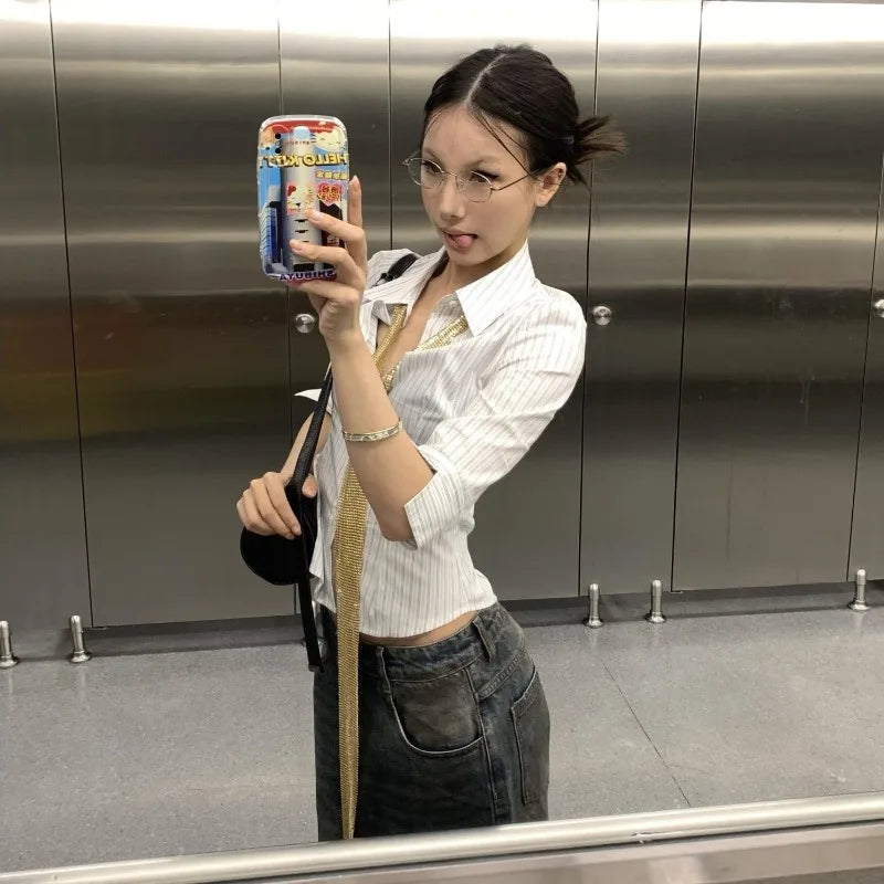 Korean Style Striped Shirt - Women's Half Sleeve Blouse