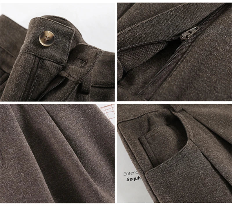 MEXZT Woolen Wide Leg Pants Women Streetwear Belt Fleece Baggy Black Suit Pants Winter Korean Fashion Casual Straight Trousers