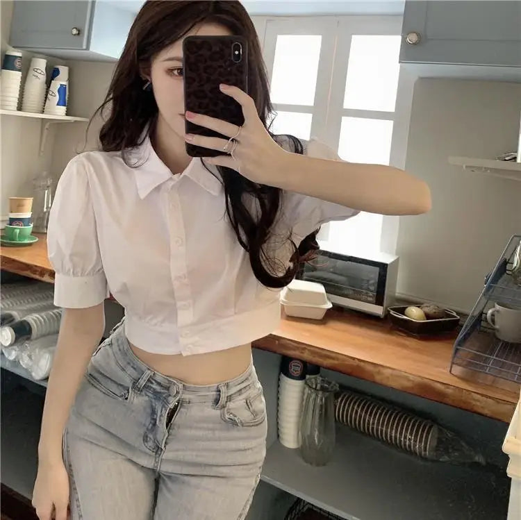 Korean Style White Puff Sleeve Cropped Shirt - Women's Elegant Preppy Blouse