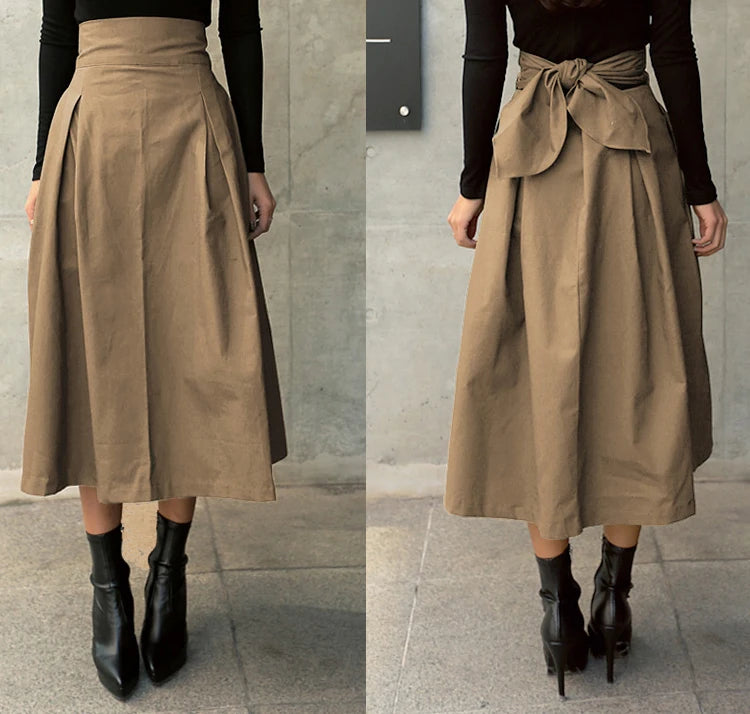 Korean Style High Waist A-Line Maxi Skirt - Elegant Lace-Up Long Skirt