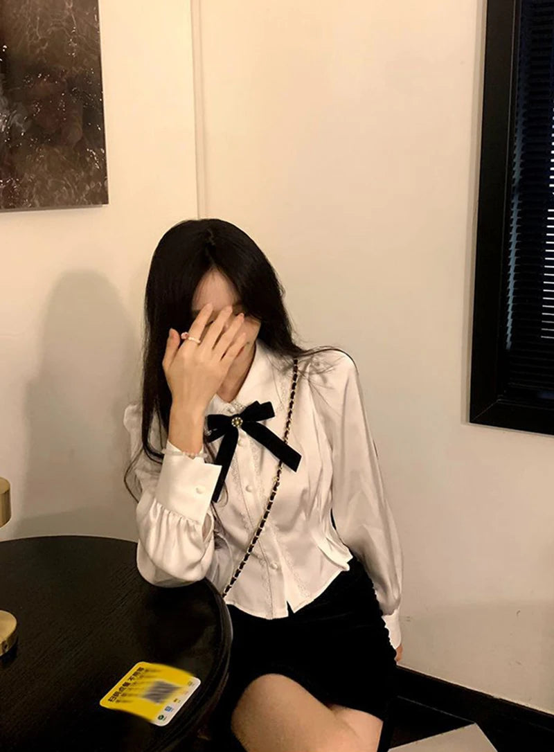 Korean Style White Lace Blouse - Elegant Peter Pan Collar Shirt with Bow Detail
