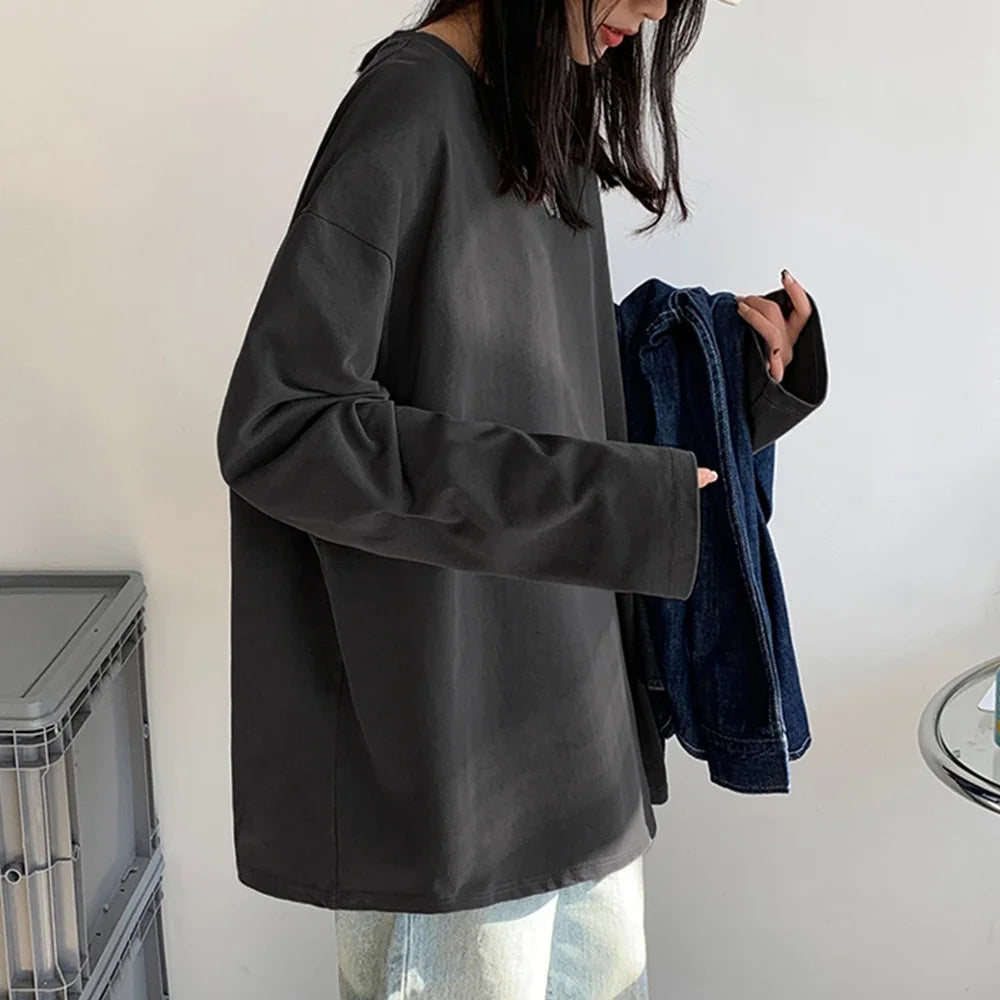 Korean Style Oversized Long Sleeve T-Shirt for Women - Casual Cotton Tee