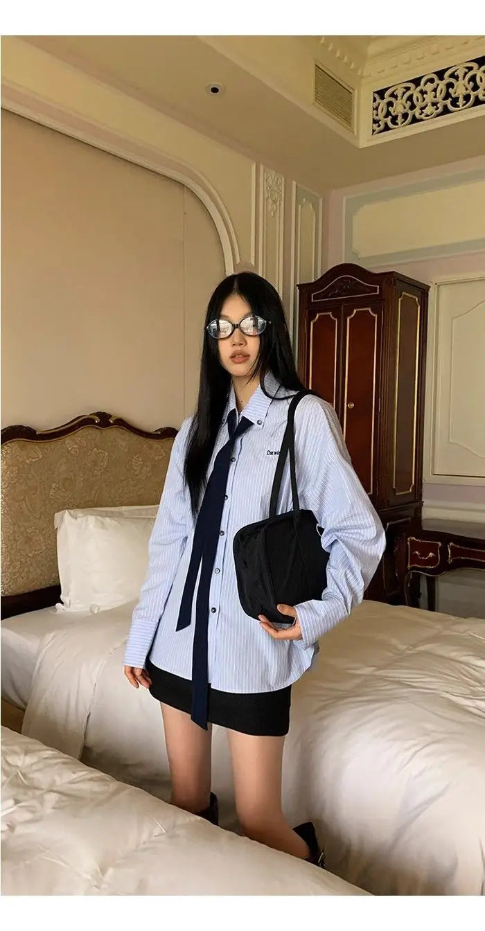 Korean Style Blue Striped Shirt - Women's Embroidered Long Sleeve Blouse