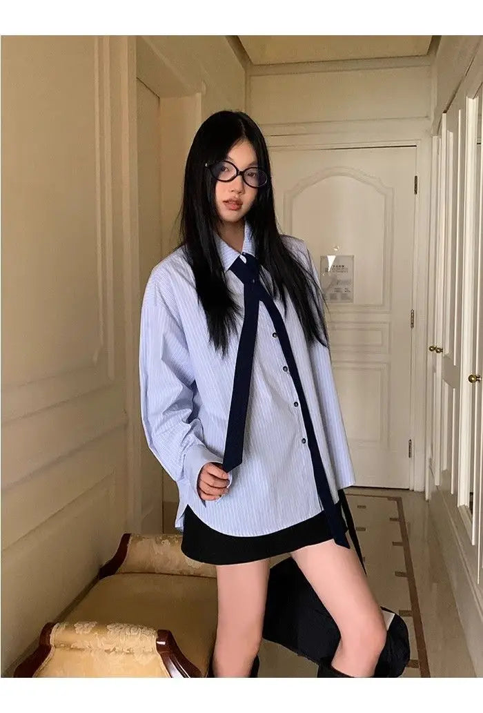 Korean Style Blue Striped Shirt - Women's Embroidered Long Sleeve Blouse