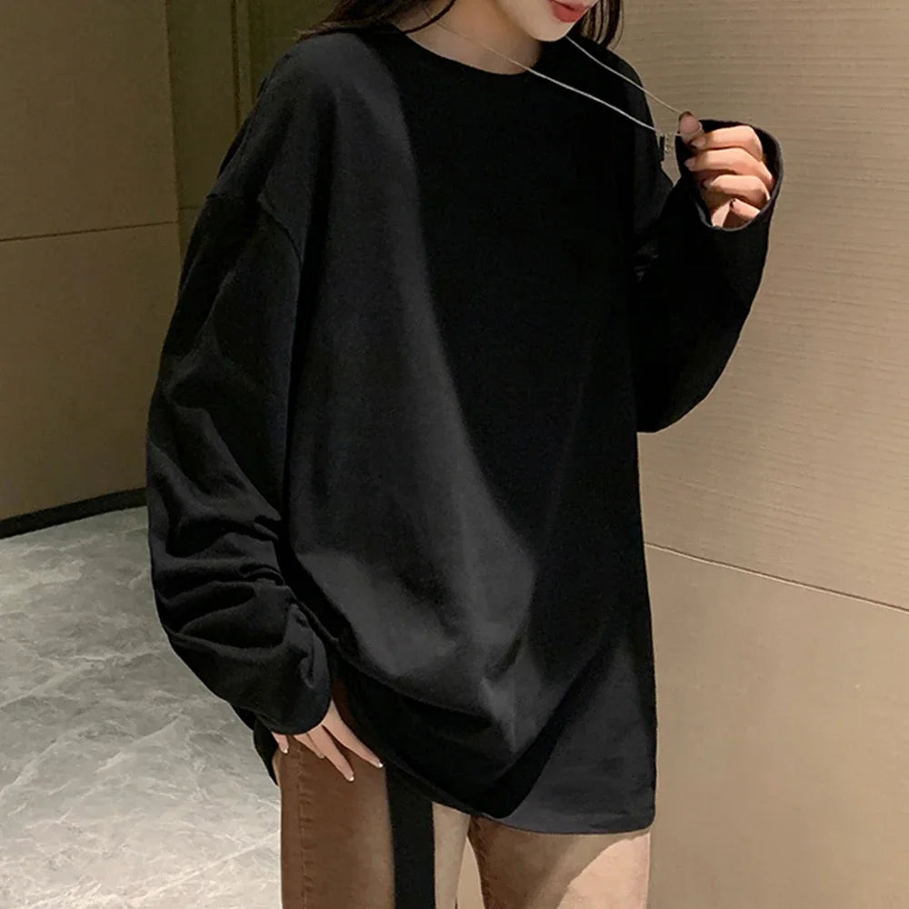 Korean Style Oversized Long Sleeve T-Shirt for Women - Casual Cotton Tee
