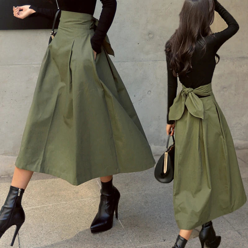 Korean Style High Waist A-Line Maxi Skirt - Elegant Lace-Up Long Skirt