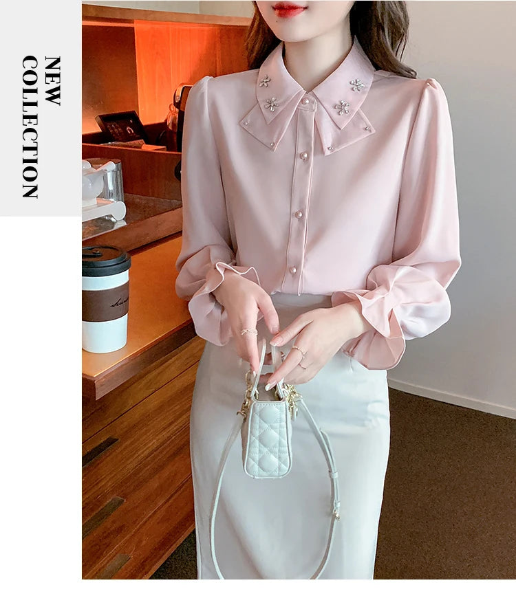 Korean Style Chiffon Blouse - Elegant Long Sleeve White Shirt for Women
