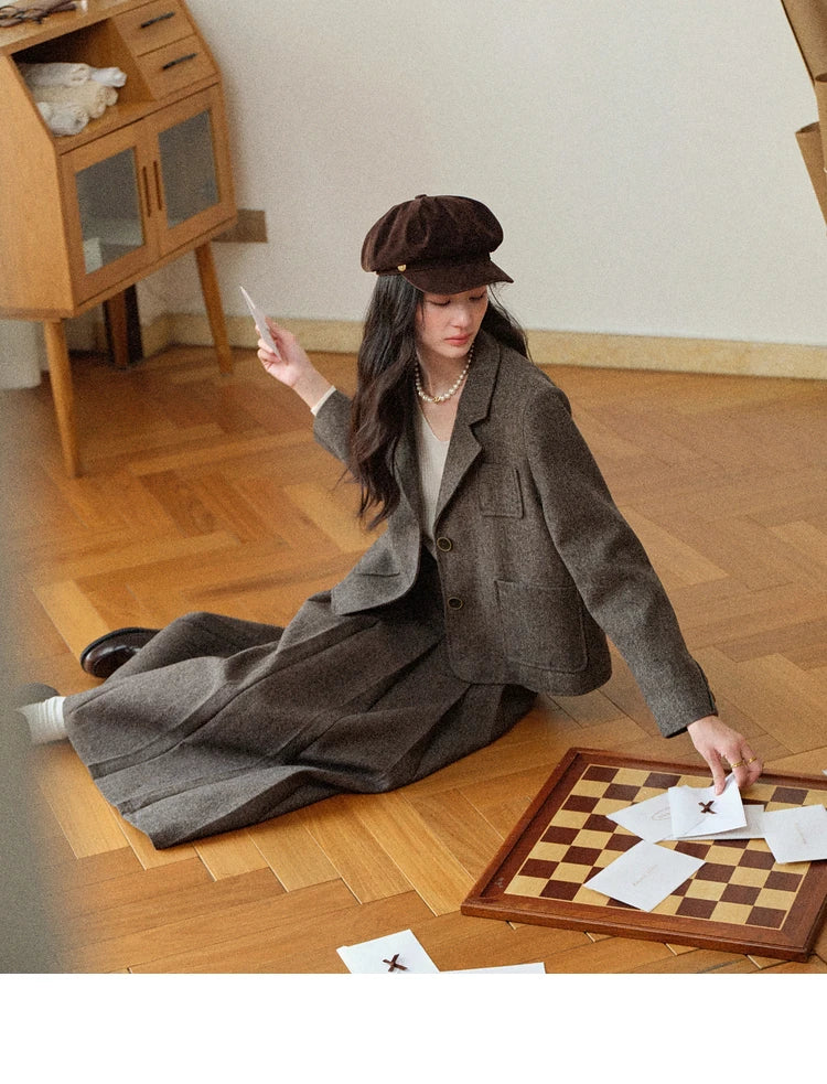 Korean Style Pleated Wool Skirt - Elegant High-Waist A-Line Midi Skirt for Women