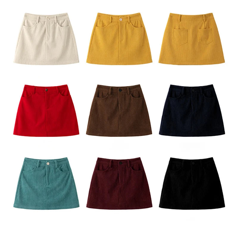 Korean Style High Waist Corduroy Mini Skirt - A-Line Vintage College Skirt with Pockets