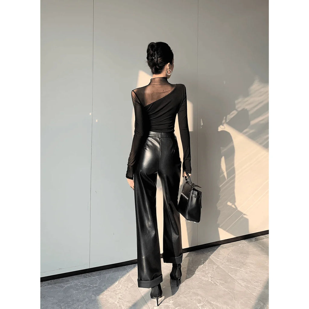 Korean Style Mesh Panel Long Sleeve Top - Elegant Black Sheer Patchwork Tee